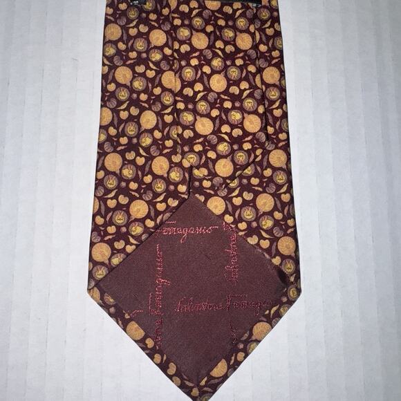 Salvatore Ferragamo Tie Mens Silk Burgundy Gold Novelty Faces Pumpkins Fall - Picture 5 of 7